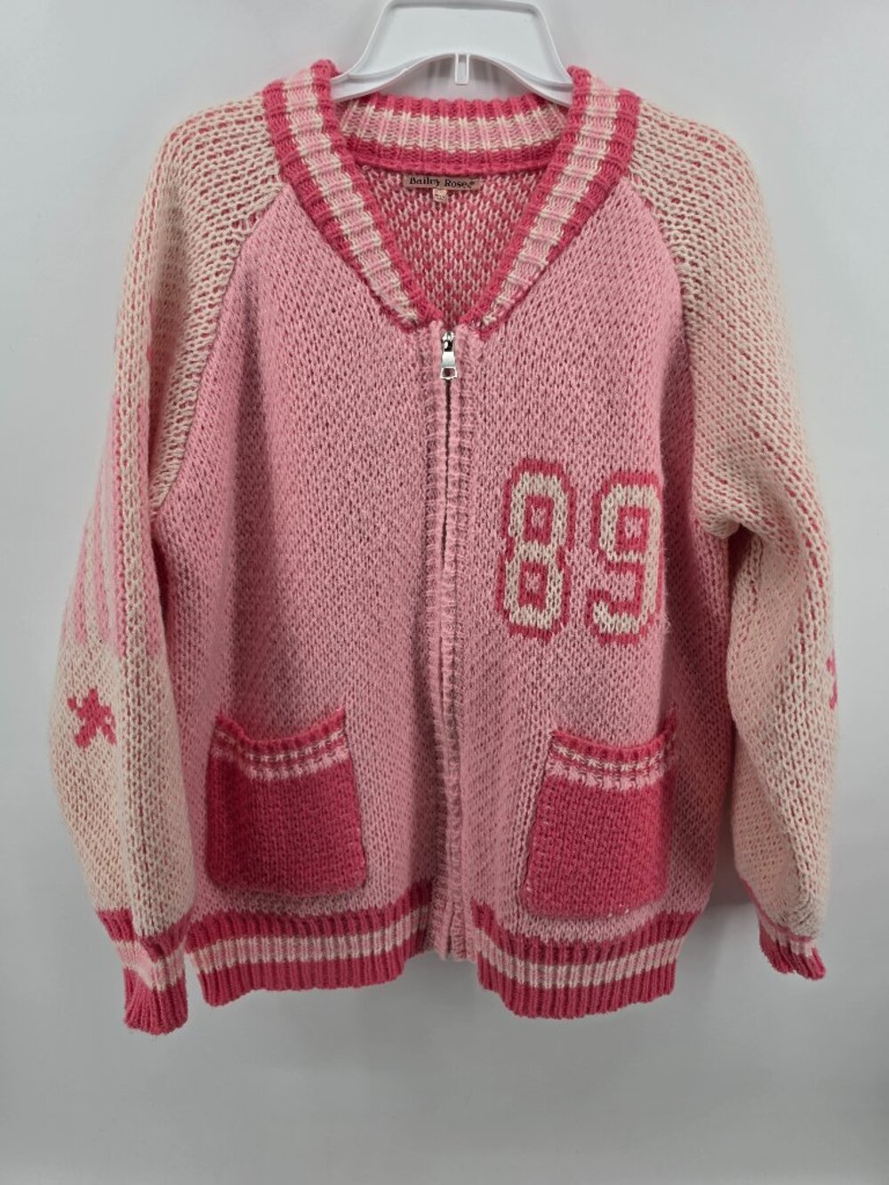 Bailey Rose Pink Varsity Knit Cardigan Sweater 89 Patch Womens Large